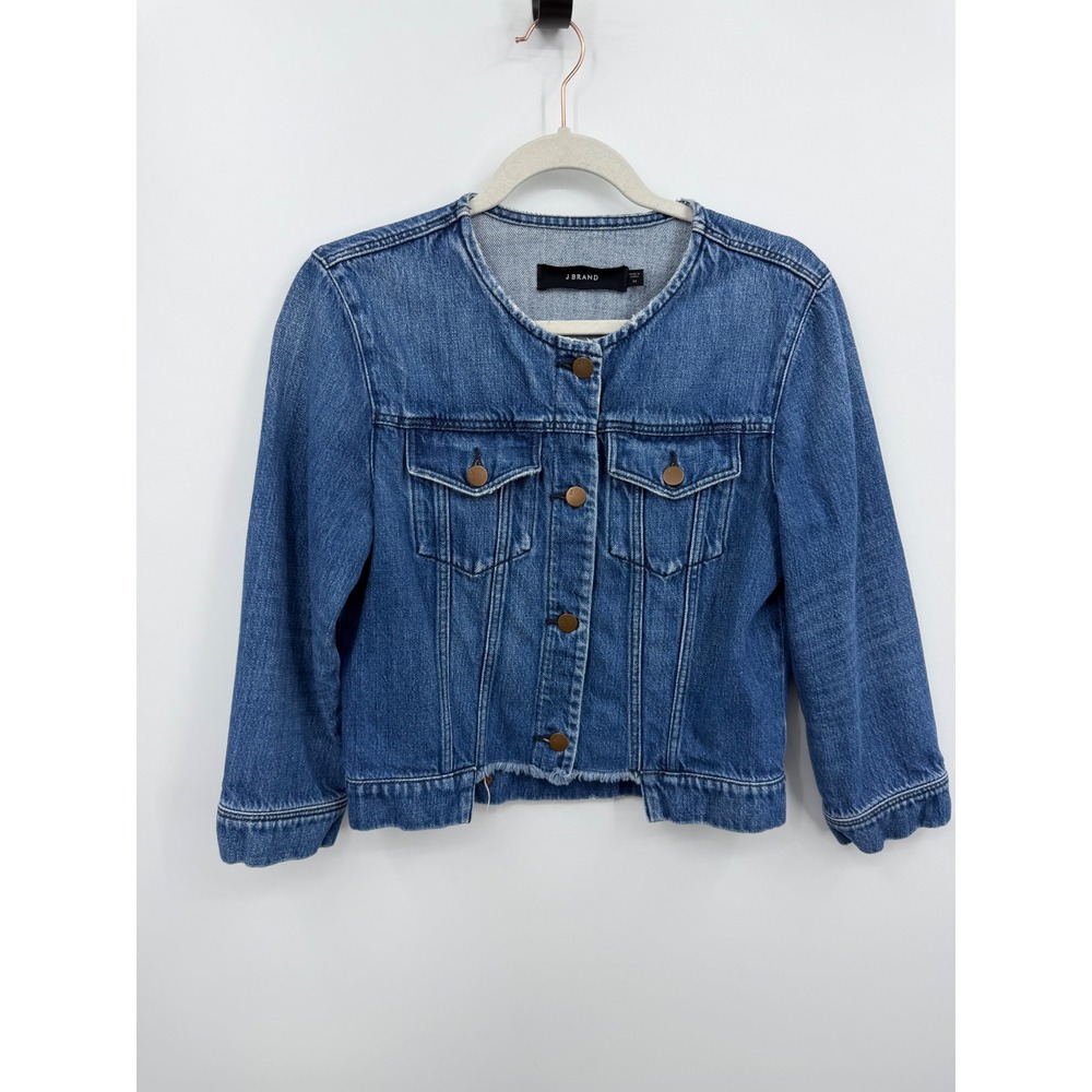 J Brand Catesby Denim Jacket Women Size M Blue Collarless Raw Hem JB000440